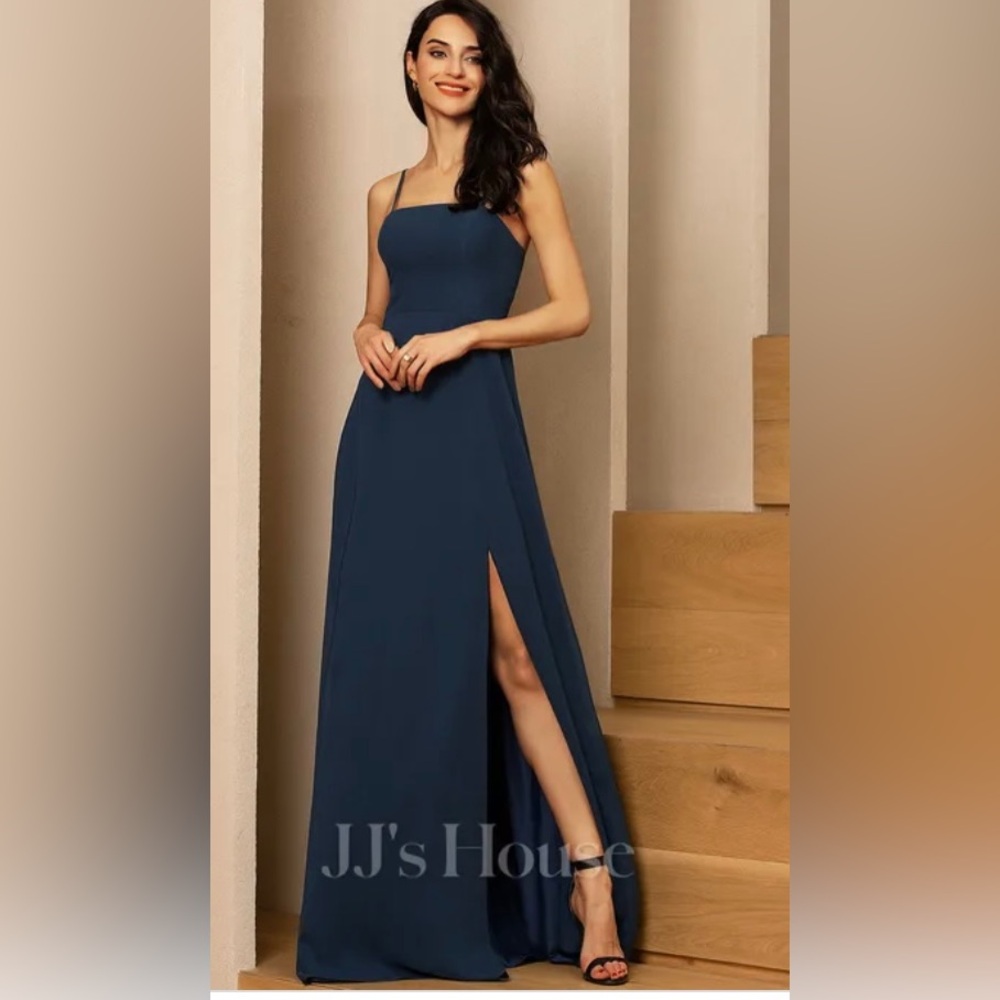 Elegant Navy Blue Evening Gown- JJ House, Size 8, Square Neck, Slit, NWT